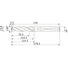 MVS1360X05S140 DP1020 13.6 mm Dia. × 14 mm Shank × 114.5 mm Flute Length × 178.5 mm OAL, 140°, 2 Flute, Coolant Thru, Solid Carbide Drill