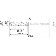 MVS1370X05S140 DP1020 13.7 mm Dia. × 14 mm Shank × 114.5 mm Flute Length × 178.5 mm OAL, 140°, 2 Flute, Coolant Thru, Solid Carbide Drill