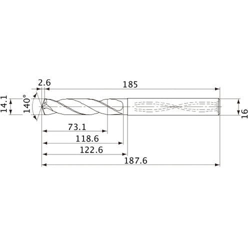 MVS1410X05S160 DP1020 14.1 mm Dia. × 16 mm Shank × 118.6 mm Flute Length × 187.6 mm OAL, 140°, 2 Flute, Coolant Thru, Solid Carbide Drill