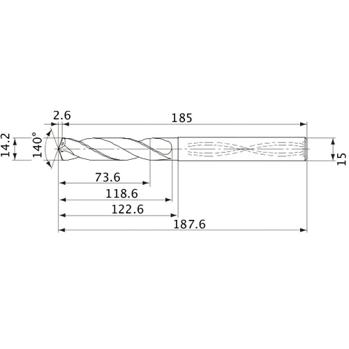 MVS1420X05S150 DP1020 14.2 mm Dia. × 15 mm Shank × 118.6 mm Flute Length × 187.6 mm OAL, 140°, 2 Flute, Coolant Thru, Solid Carbide Drill