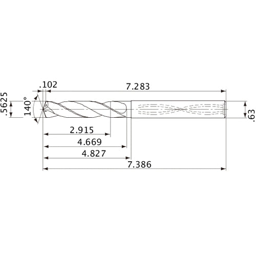 MVS1429X05S160 DP1020 9/16″ Dia. × 0.63″ Shank × 4.669″ Flute Length × 7.386″ OAL, 140°, 2 Flute, Coolant Thru, Solid Carbide Drill