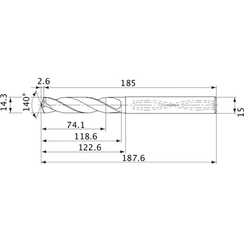 MVS1430X05S150 DP1020 14.3 mm Dia. × 15 mm Shank × 118.6 mm Flute Length × 187.6 mm OAL, 140°, 2 Flute, Coolant Thru, Solid Carbide Drill