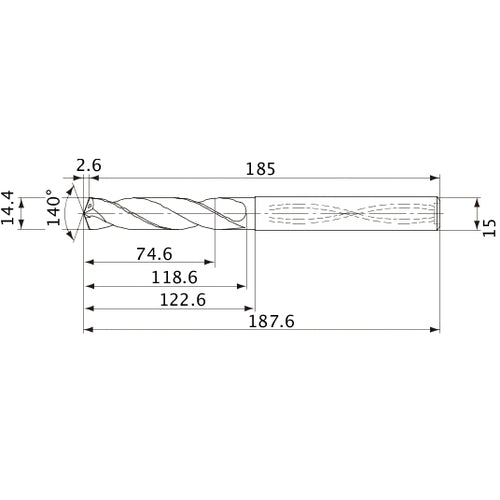 MVS1440X05S150 DP1020 14.4 mm Dia. × 15 mm Shank × 118.6 mm Flute Length × 187.6 mm OAL, 140°, 2 Flute, Coolant Thru, Solid Carbide Drill