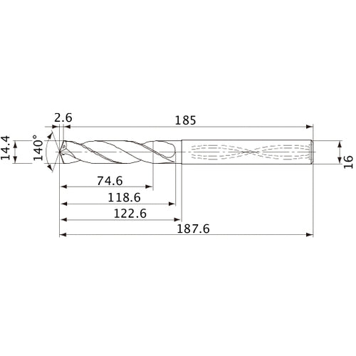 MVS1440X05S160 DP1020 14.4 mm Dia. × 16 mm Shank × 118.6 mm Flute Length × 187.6 mm OAL, 140°, 2 Flute, Coolant Thru, Solid Carbide Drill