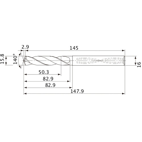 MVS1580X03S160 DP1020 15.8 mm Dia. × 16 mm Shank × 82.9 mm Flute Length × 147.9 mm OAL, 140°, 2 Flute, Coolant Thru, Solid Carbide Drill