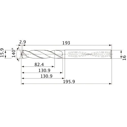 MVS1590X05S160 DP1020 15.9 mm Dia. × 16 mm Shank × 130.9 mm Flute Length × 195.9 mm OAL, 140°, 2 Flute, Coolant Thru, Solid Carbide Drill