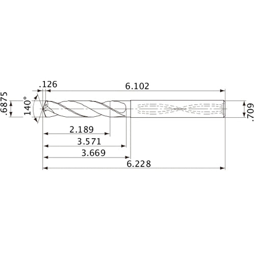 MVS1746X03S180 DP1020 11/16″ Dia. × 0.709″ Shank × 3.571″ Flute Length × 6.228″ OAL, 140°, 2 Flute, Coolant Thru, Solid Carbide Drill