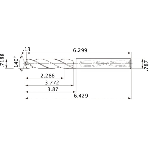MVS1826X03S200 DP1020 0.7188″ Dia. × 0.787″ Shank × 3.772″ Flute Length × 6.429″ OAL, 140°, 2 Flute, Coolant Thru, Solid Carbide Drill