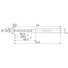 MWS0140X25DB VP15TF 1.4 mm Dia. × 3 mm Shank × 39.3 mm Flute Length × 74.3 mm OAL, 135°, 2 Flute, Coolant Thru, Solid Carbide Drill