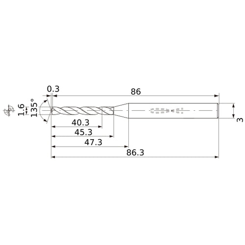 MWS0160X25DB VP15TF 1.6 mm Dia. × 3 mm Shank × 45.3 mm Flute Length × 86.3 mm OAL, 135°, 2 Flute, Coolant Thru, Solid Carbide Drill