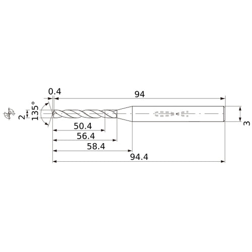 MWS0200X25DB VP15TF 2 mm Dia. × 3 mm Shank × 56.4 mm Flute Length × 94.4 mm OAL, 135°, 2 Flute, Coolant Thru, Solid Carbide Drill