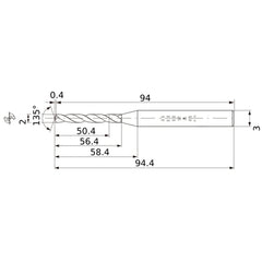 MWS0200X25DB VP15TF 2 mm Dia. × 3 mm Shank × 56.4 mm Flute Length × 94.4 mm OAL, 135°, 2 Flute, Coolant Thru, Solid Carbide Drill