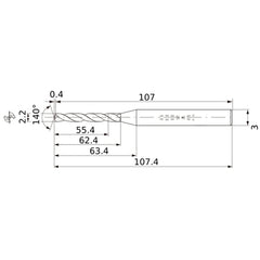 MWS0220X25DB VP15TF 2.2 mm Dia. × 3 mm Shank × 62.4 mm Flute Length × 107.4 mm OAL, 140°, 2 Flute, Coolant Thru, Solid Carbide Drill