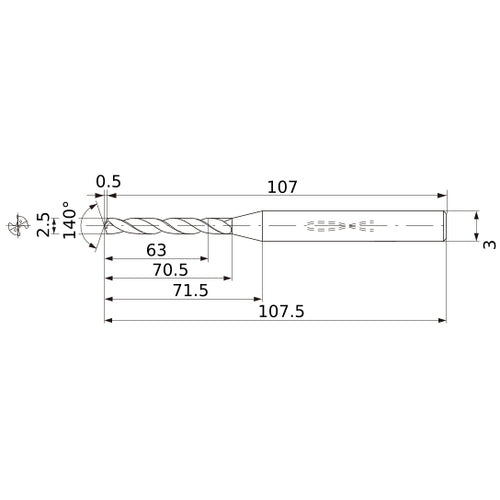 MWS0250X25DB VP15TF 2.5 mm Dia. × 3 mm Shank × 70.5 mm Flute Length × 107.5 mm OAL, 140°, 2 Flute, Coolant Thru, Solid Carbide Drill
