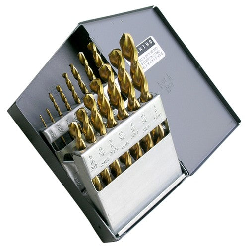 ‎1/16-1/2 RHS / RHC HSS 135 Degree Split Point Heavy Duty Parabolic Jobber Length Drill Set - TiN - Exact Tool & Supply