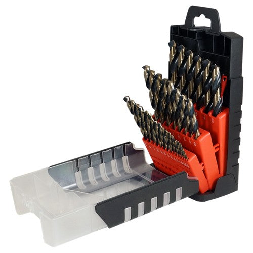 ‎1/16-1/2 RHS / RHC HSS 135 Degree Split Point 3/8″ Reduced Shank Heavy Duty Black & Gold Jobber Length Drill Set - Black & Gold - Exact Tool & Supply