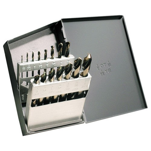 ‎1/16-1/2 RHS / RHC HSS 135 Degree Split Point Heavy Duty Black & Gold Mechanics Length Drill Set - Black & Gold - Exact Tool & Supply