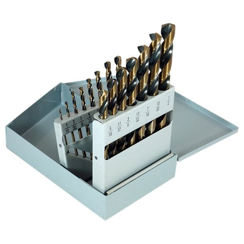 ‎1/16-1/2 RHS / RHC HSS 135 Degree Split Point Heavy Duty Jobber Length Drill Set - Black & Gold - Exact Tool & Supply