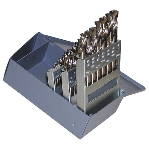 ‎1/16-1/2 RHS / RHC HSS-CO 8% (M42) 135 Degree Split Point Heavy Duty Cobalt Screw Machine Length Drill Set - Straw / Gold Oxide - Exact Tool & Supply