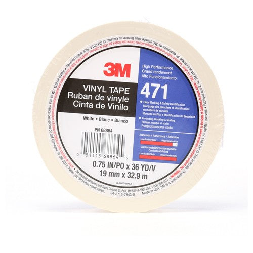 3M Vinyl Tape 471 White 3/4″ × 36 yd 5.2 mil Individually Wrapped Conveniently Packaged - Exact Tool & Supply