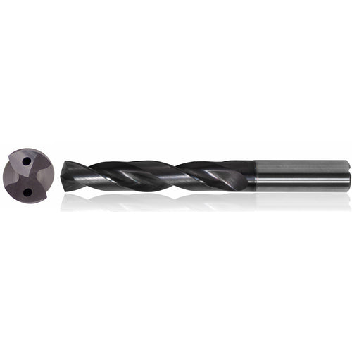 1/2″ Dia. × 14 mm Shank × 77 mm Flute Length × 124 mm OAL, 5xD, TiAlN, 2 Flute, Coolant Thru, h6, Cylindrical, Solid Carbide Drill Series/List #5612 - Exact Tool & Supply