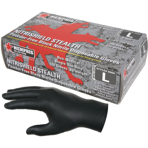 NitriSheild Stealth Gloves - 3 mil Black Nitrile - Industrial/Food Grade - Powder Free - Box of 100 - Size Large - Exact Tool & Supply