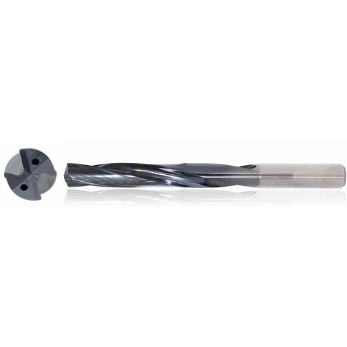 1/4″ Dia. × 8 mm Shank × 34 mm Flute Length × 79 mm OAL, 3xD, TiAlN, 2 Flute, Coolant Thru, h6, Cylindrical, Solid Carbide Drill Series/List #5614 - Exact Tool & Supply