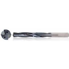 1/4″ Dia. × 8 mm Shank × 34 mm Flute Length × 79 mm OAL, 3xD, TiAlN, 2 Flute, Coolant Thru, h6, Cylindrical, Solid Carbide Drill Series/List #5614 - Exact Tool & Supply