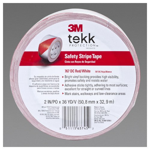 3M Safety Stripe Vinyl Tape 767 Red/White 2″ × 36 yd 5 mil Individually Wrapped Conveniently Packaged - Exact Tool & Supply